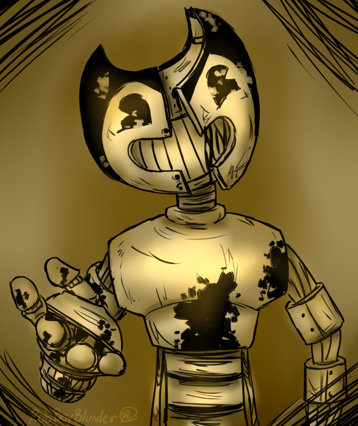 A bendy animatronic leans it's head to the left as its faceplate on the right extends open loosely, the animatronic's hand held out towards the viewer in a gesture for a handshake.