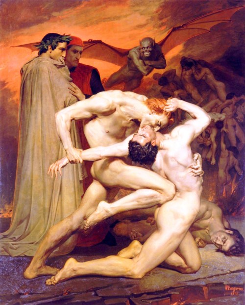 sean-clancy:  Dante And Virgil In Hell (1850) by William-Adolphe Bouguereau (1825-1905)Musée d’Orsay, Paris  This painting was inspired by a short scene from the Inferno, set in the eighth circle of Hell (the circle for falsifiers and counterfeiters),