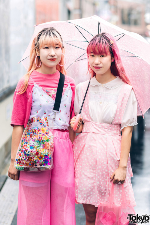 Japanese twins Ayane and Suzune wearing kawaii street styles on a rainy day in Harajuku with handmad