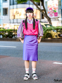 tokyo-fashion:  Japanese high school student Bien on the street in Harajuku wearing purple and pink look by RRR Show Room with WEGO platform sandals and a Disney Villain Kids backpack from Thank You Mart. Full Look