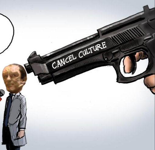 An edited political cartoon of a man with a comically large pistol labeled "cancel culture" being pointed at his head. Gul Dukat's face has been edited onto the man's head.