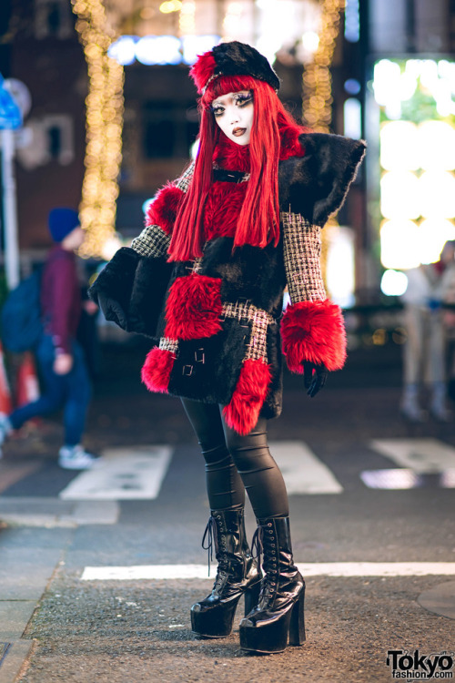 Japanese shironuri artist Minori on the street in Harajuku wearing handmade, remake, and vintage fas