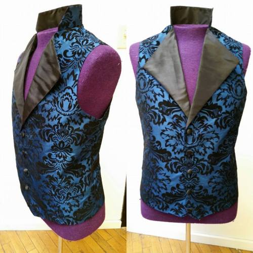 Custom Steampunk mens vest in blue black flocked taffetawww.kmkdesignsllc,com