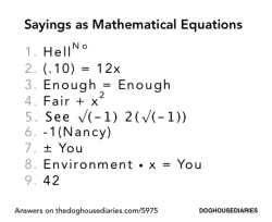 lexee:  by Doghouse DiariesAnswers: (1) Hell to the no. (2) Dime a dozen. (3) Enough is enough. (4) Fair and square. (5) See eye to eye. (6) Negative Nancy. (7) With or without you. (8) You are a product of your environment. (9) The meaning of life, the