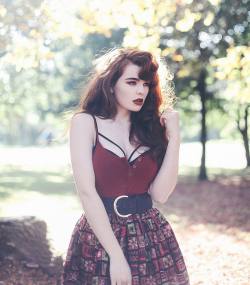 miss-deadly-red:  Fluffy autumn life 🍂 wearing my @collectifclothing skirt, shot by @amyspanos 🍂 #love #art #collarbones #harness #curvy #curves #pale #pinup #vintage #autumn #redhead #ginger #eyebrows #wingedliner #smokeyeyes #redlips #mattelips