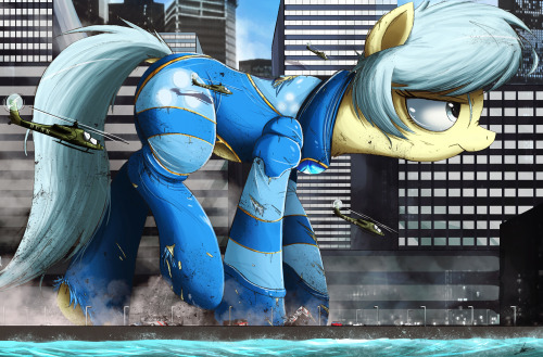 ncmares:  *thoom - thoom* Another day, another fight…–This is fanart for a bomb-ass tumblr called Ask-Ultramare. :DWhat to do when humongous kaiju start wrecking your city? Why, genetically engineer a size-changing, oat-munching, perpetually-frowning