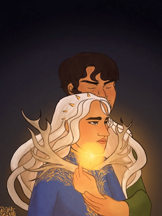 digital drawing of alina starkov and mal oretsev from the grisha trilogy book series. mal is standing behind alina. He has his eyes closed and a hand around alina’s wrist. alina is wearing blue and gold robes and she is sustaining a light. she looks sad, and the amplifier collar made of the Morozova’s stag antlers is present.