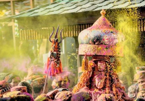 Deities in position during the Holi festival, Himachal Pradesh