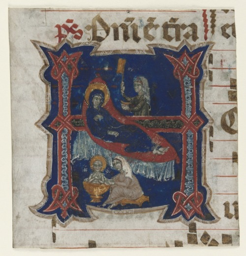 Fragment of a Choir Book with Historiated Initial (H): Birth of the Virgin, 13th Century, Cleveland 