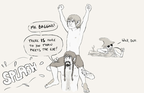 thespeckledhand:  ereborbound:  hobbitbuttocks:  Gandalf liked Bilbo before he was cool.  Eeeeee hee hee hee! Love bofur’s fuzzy belly!  Gandalf in swim trunks (hopefully) and wizard hat. LOL 