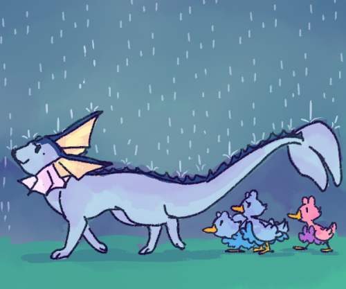 vaporeonappears:Its awfully wet lately. Thankfully the rain doesn’t bother Rois much.