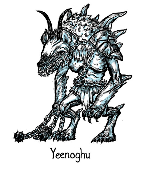 Yeenoghu is a Demon Lord worshipped by gnolls.He looks like a giant demonic gnoll (hyena/dog people)