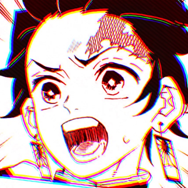 an icon of tanjiro from demon slayer manga. it has a red and orange overlay. he turns to the left and yells. he has a worried expression.