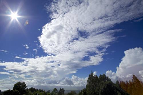 Dramatic clouds way up high today. Perhaps the nearby hurricane is the cause? #maui #hawaii #clouds 