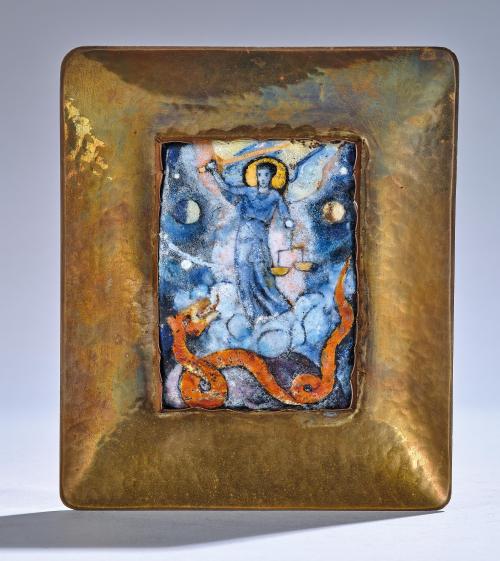 Unknown ArtistSt. GeorgeColoured enamel work; corrugated copper mount and hammered brass frame, Aust