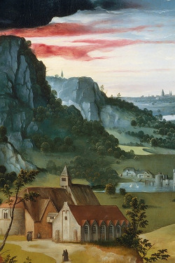 martyr-eater:  Joachim Patinir (active by 1515–died 1524) — detail from The Penitence of Saint Jerome, ca. 1512–15.  Following Netherlandish tradition, large-scale sacred figures dominate the foreground of the interior. The picture’s true subject,
