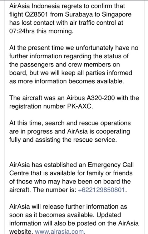 nbcnightlynews: BREAKING NEWS: AirAsia flight QZ8501 from Indonesia to Singapore lost contact with a