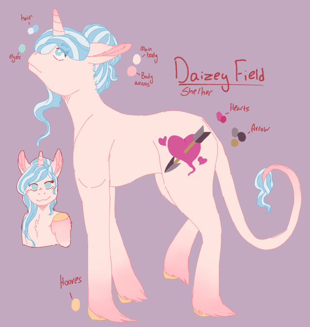 two drawings of a pastel pink unicorn with gradients on her horn, and hooves, fur around her legs where her hooves begin, a lion's tail, two-toned blue hair in a bun, green eyes, and a cutie mark that looks like an arrow piercing a dark pink heart with two smaller hearts around it. in the larger, a full-body image, she is looking upward, while in the smaller she is looking directly at the viewer and waving. the background is a dark, desaturated pink and in a pale red reads "Daizey Field, she/her".