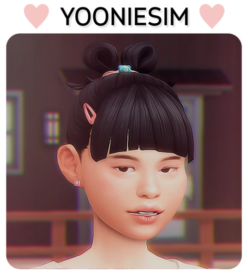 yooniesim: Siyeon’s Style - Beary Nice Hair double bun hair with chunky bangs, clips, and a be