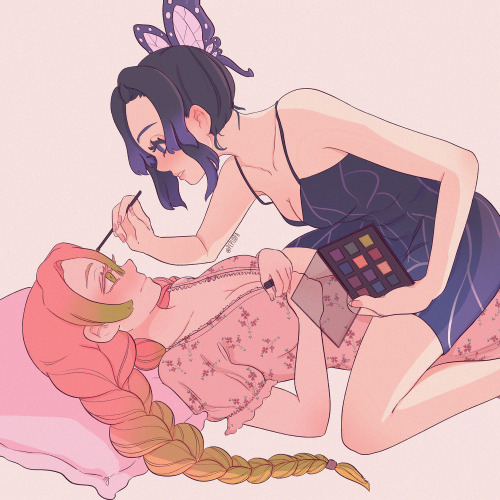 pepijopa:just girls being gals  [ID: Illustration of two girls, One is lying down, she has pale skin