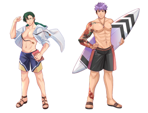 just before summer ends, some guys dressed for the beach