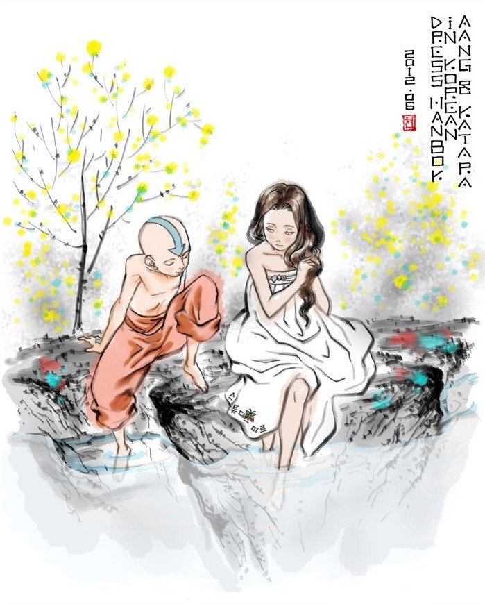 as-warm-as-choco:Aang and Katara, showing the beauty of the Orient. She looks elegant