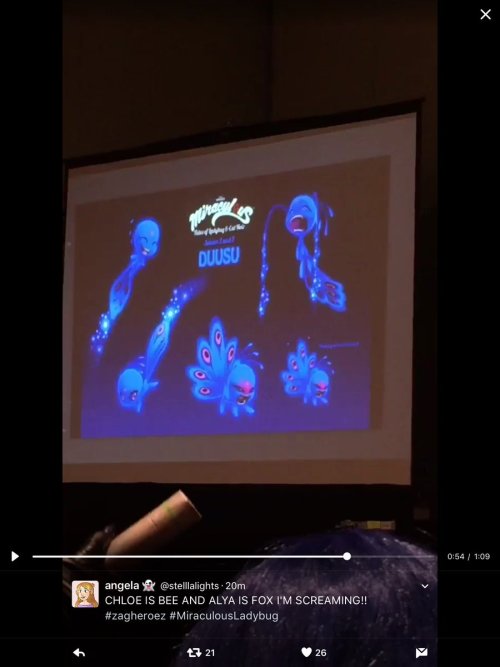 setsu-the-yena:  FLAMING HOT MIRACULOUS NEWS FROM NYCC!!!It’s now confirmed that Alya is the holder of the Fox Kwami, called Trixx!Chloe is indeed the holder of the Bee Kwami!The Peacock Kwami is called Duusu and a mysterious picture of the Peacock