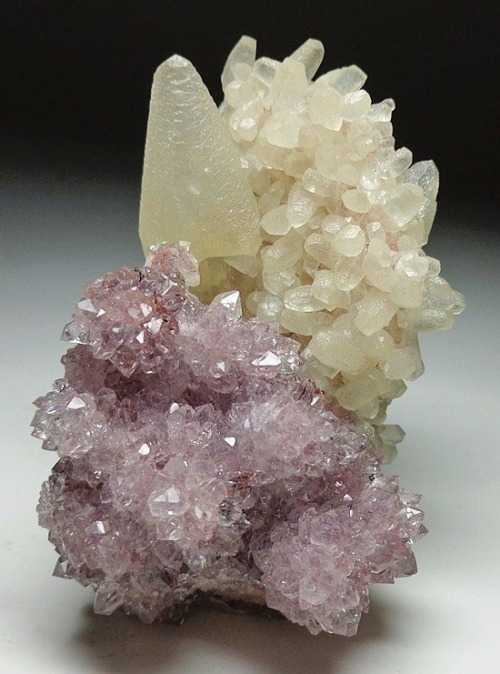 mineralists:Calcite crystals on druzy AmethystRio Grande du Sol, Brazil
