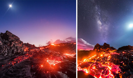  Photographer Endangers His Life To Capture Lava, Meteor, Milky Way And Moon In One