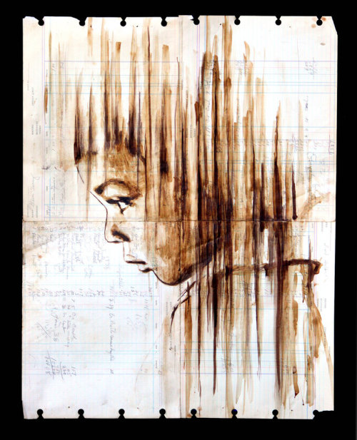 fer1972:  Portraits made with Coffee and Ink on Antique Paper from 1920’s/30’s and hand done with a Brush by Michael Aaron Williams