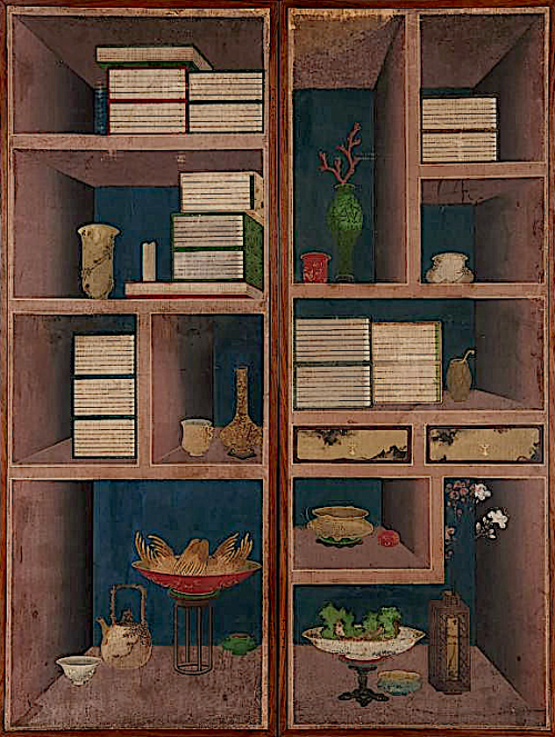 Chinese School (19th century), Scholars bookshelves, gouache on canvas.