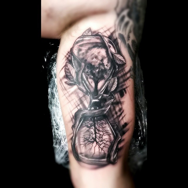 Hourglass With Tree Branch Tattoo On Half Sleeve