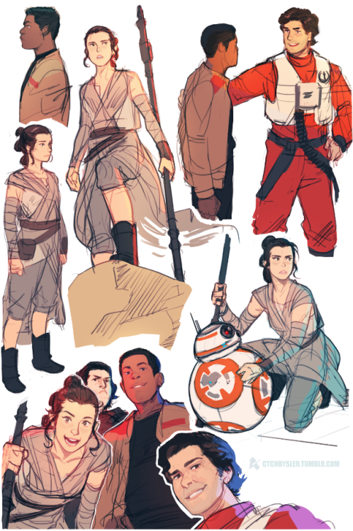 kateordie:ctchrysler:More TFA sketches (Poe’s face is too good for me)Rey’s face in the bottom left 