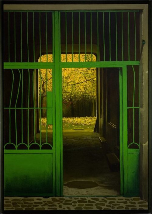 Jacek Rykała（Polish, b.1950 ）Mgła I    1997   olej+kolażCykl Rezydencje-Agnieszka   1998-2000   olej+kolażPodszepty dzielnicy Sielec-radio na pierwszym piętrze   1998   olej+kolarzOgród   1999   olej+kolażAdresat nieznany-żydom ze