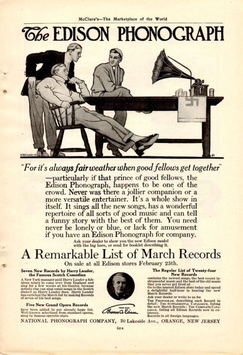 Here is a 1908 advertisement for the Edison Phonograph from McClure’s Magazine, which was inve