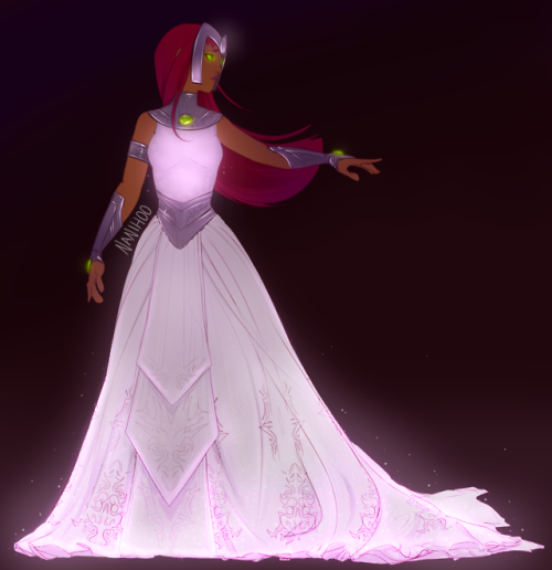 nanihoosartblog: A new redraw of Starfire’s wedding dress from “Betrothed”(with a bedazzled versionlol, and the idea that it’s made from a Tamaranean   cloth that also glows in the dark idk) O oO <3