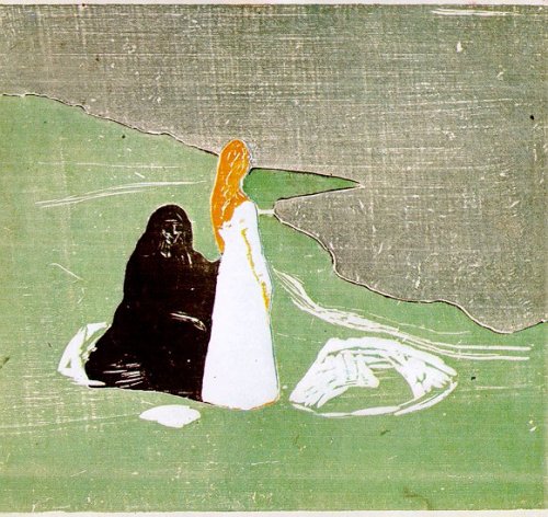 nobrashfestivity:Edvard Munch, Iterations of Two Women on the Shore,1898, Woodcut printed in colors.