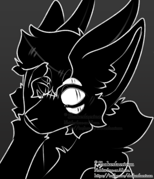 A greyscale drawing of a fox-like demon monster with horns and 6 eyes, running their fingers through their hair because they're tired of "this shit" and want to go home