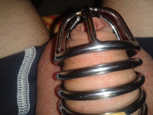 teenboylocked:  This cage used to completely fit me even when soft, but now there’s some space between the steel and my dick.  