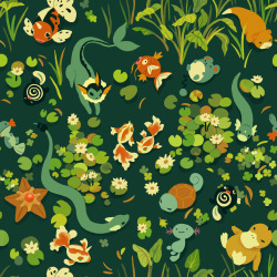 alyssakorea:  Aaaaaaaand here’s the water pokemon plus dragonair and dratini! Floating in a little pond ツ You can find it here on Spoonflower! Should be up for sale in a few days 
