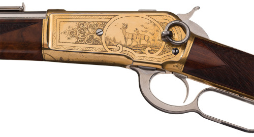 John Ulrich gold plated and factory presentation engraved Winchester Model 1886 lever action saddle 