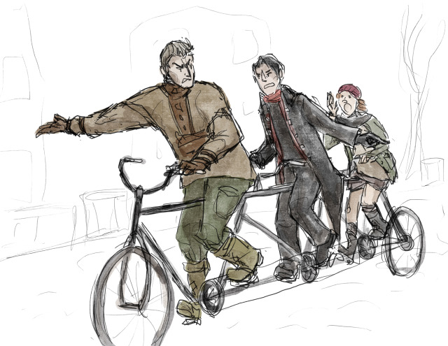 Digital sketch of The Haruspex, Bachelor, and Changeling riding a three-person tandem bicycle. They are arguing and pointing in different directions.