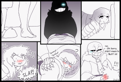 sinning-a-skeleton:  Next two pages. Maybe I should mention that Frisk and Sans have only done the do once before here.. but they were both drunk at the time. So even though both are wanting more, Frisk is too shy and stubborn to ask and Sans isn’t