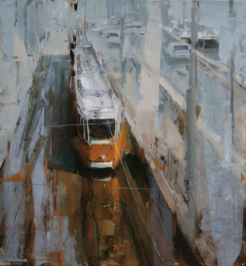 Tibor Nagy (Slovakian, b. 1963, Rimavská Sobota, Slovakia) - Tram Stop In The Morning, 2015, Paintin