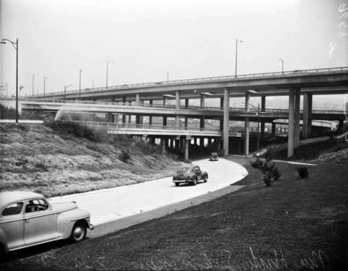 Four level freeway interchange near Los Angeles Civic Center, 1952.