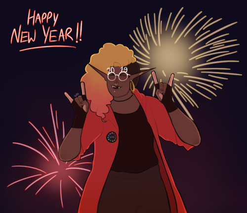 dndbutch: [id: a digital drawing of lup from the thigh up. fireworks – one red, one yellow &nd