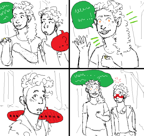 teamsweetflips:[img desc: a mostly-uncolored, simple, pixel-drawn four-panel comic. dani and aubrey,
