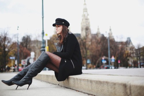 Fashion blogger Andy Torres from stylescrapbook in Coach over-the-knee boots.SourceCoat- ZARA  