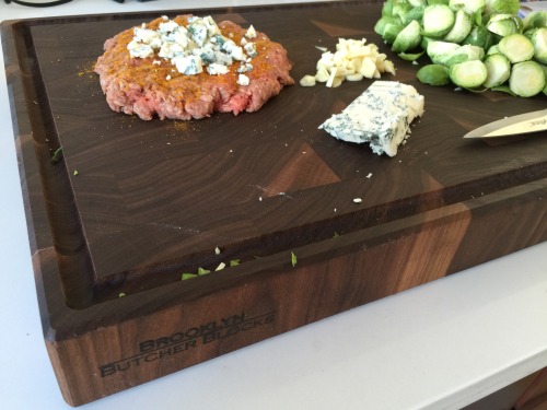 quick lunch, curry stuffed gorgonzola grass fed burger with garlic butter brussels sprouts