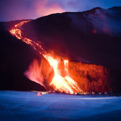 Too Close For Comfort (Cars Line Up At The Crest Of A Lava Flow Erupting From Eyjafjallajkull